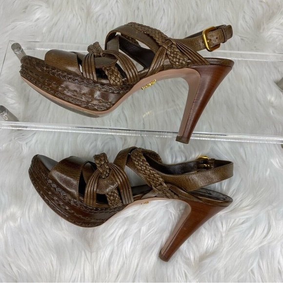 Prada Women's Brown Designer Braided Leather Strappy Luxury Heels IT 37.5 / US 7 - Picture 10 of 17